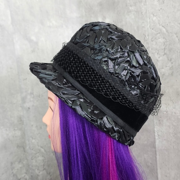 Vintage 60s Black Raffia Pillbox Hat ILGWU Jackie O Mod Cocktail‎ Mad Men main image 9